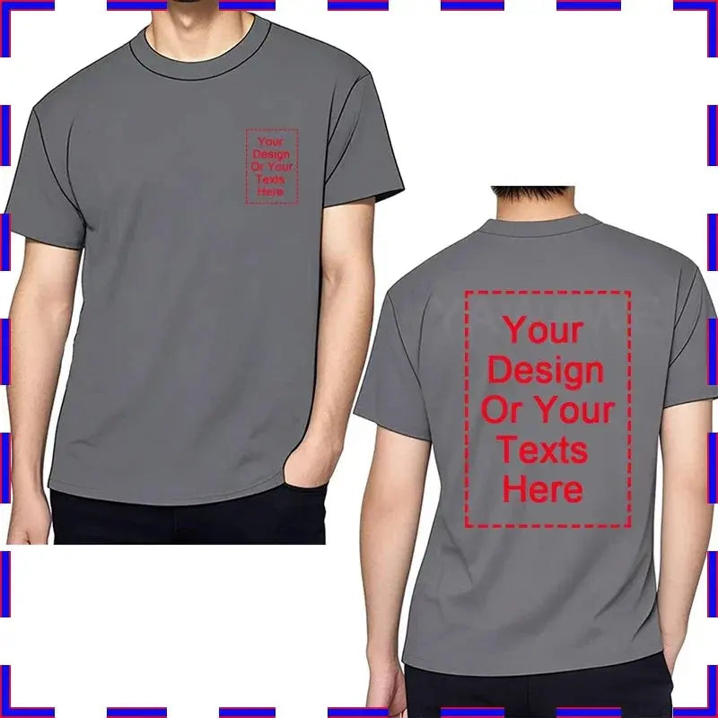 White men's oversized cotton T-shirt with O-neck, front and back view, featuring customizable text, ideal for summer casual wear.