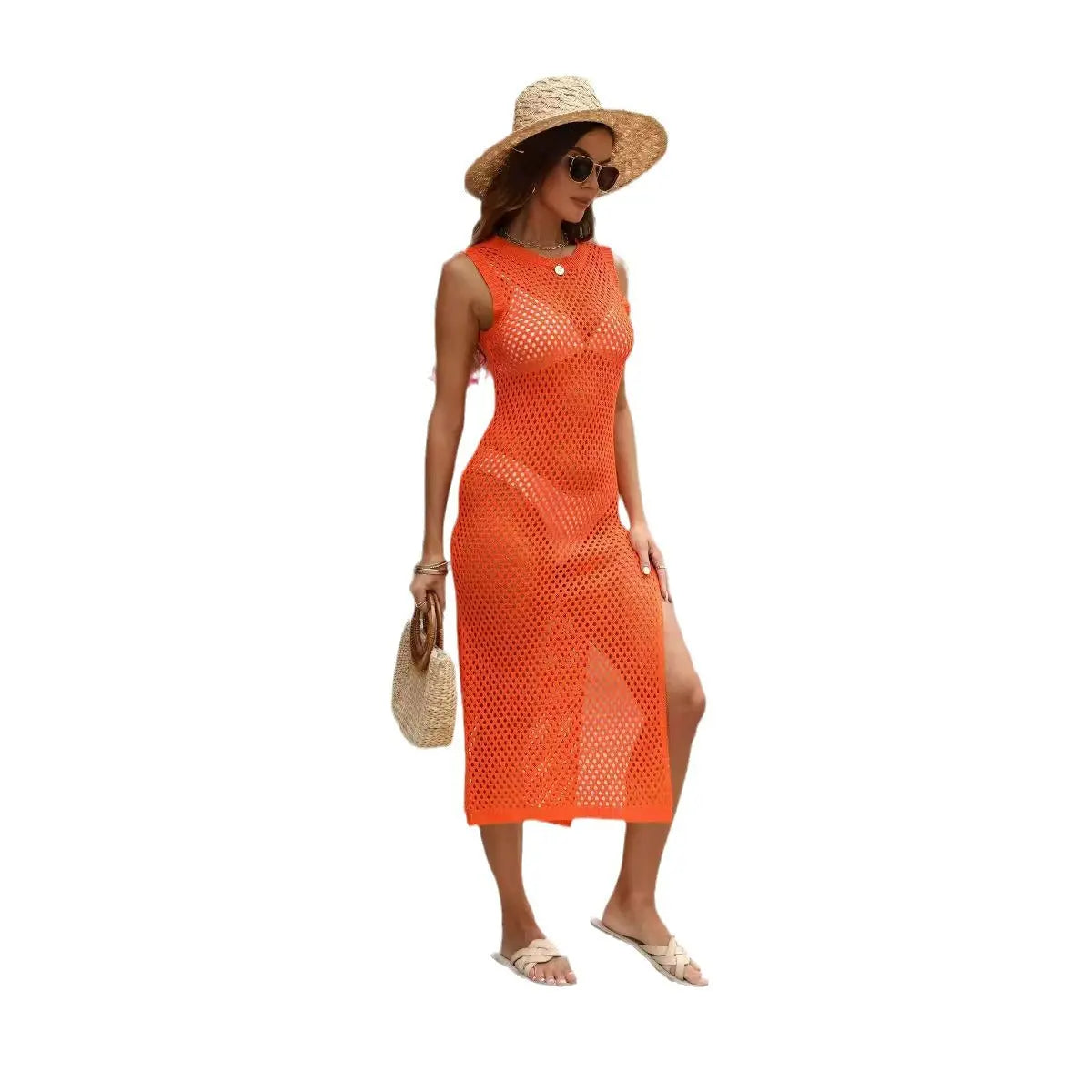 White knitted European and American cross-border beach dress by SHOPEZRA L.L.C. perfect for vacation and bikini beach outings.