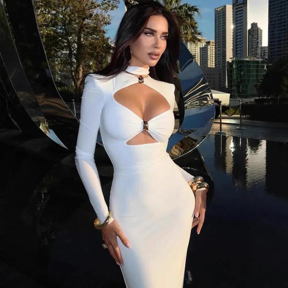 White elegant evening dress for women by SHOPEZRA L.L.C., long sleeves, solid color, simple style, suitable for parties and weddings.