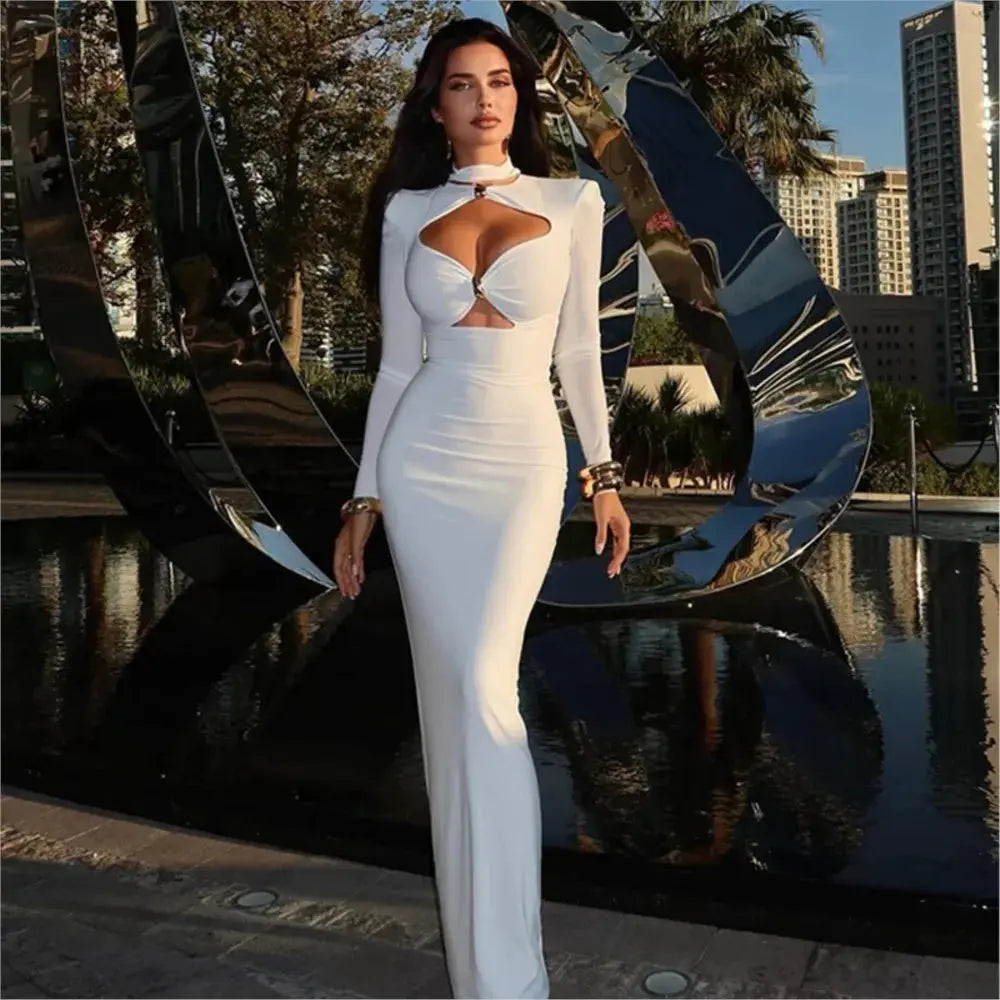 Elegant white evening dress for women, long sleeves, solid color, suitable for parties and weddings by SHOPEZRA L.L.C.