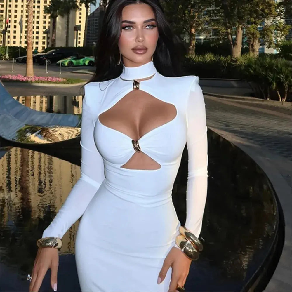 White elegant evening dress for women by SHOPEZRA L.L.C., long sleeves, simple style, solid color, suitable for parties and weddings.