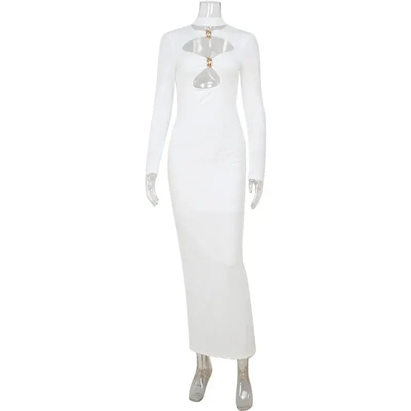 Elegant white evening dress for women by SHOPEZRA L.L.C., long sleeves, solid color, simple style, suitable for parties and weddings.