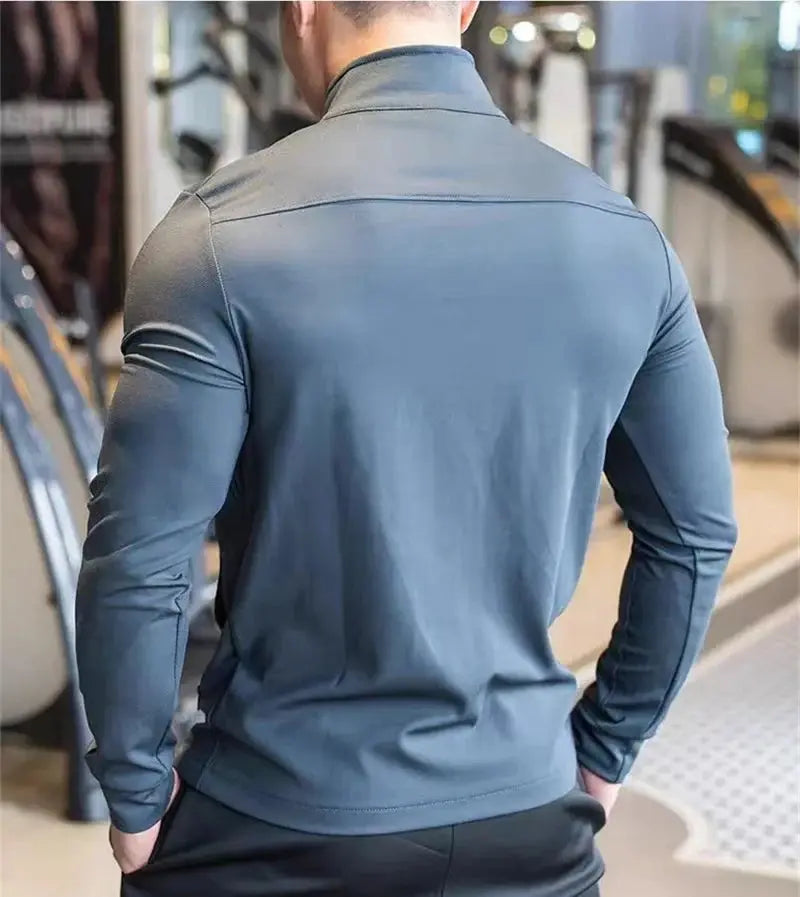 White men's casual stand collar zipper sweatshirt with long sleeves, slim fit, suitable for gym, jogging, and autumn wear.