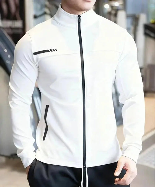 Men's white autumn casual sweatshirt with stand collar, zipper, long sleeves, slim fit, ideal for gym, jogging, and fitness.