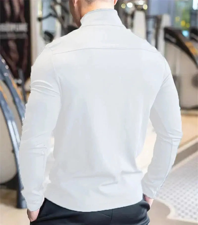 Men's white casual stand collar zipper sweatshirt from SHOPEZRA L.L.C., slim fit long sleeve sport jacket for gym and fitness.