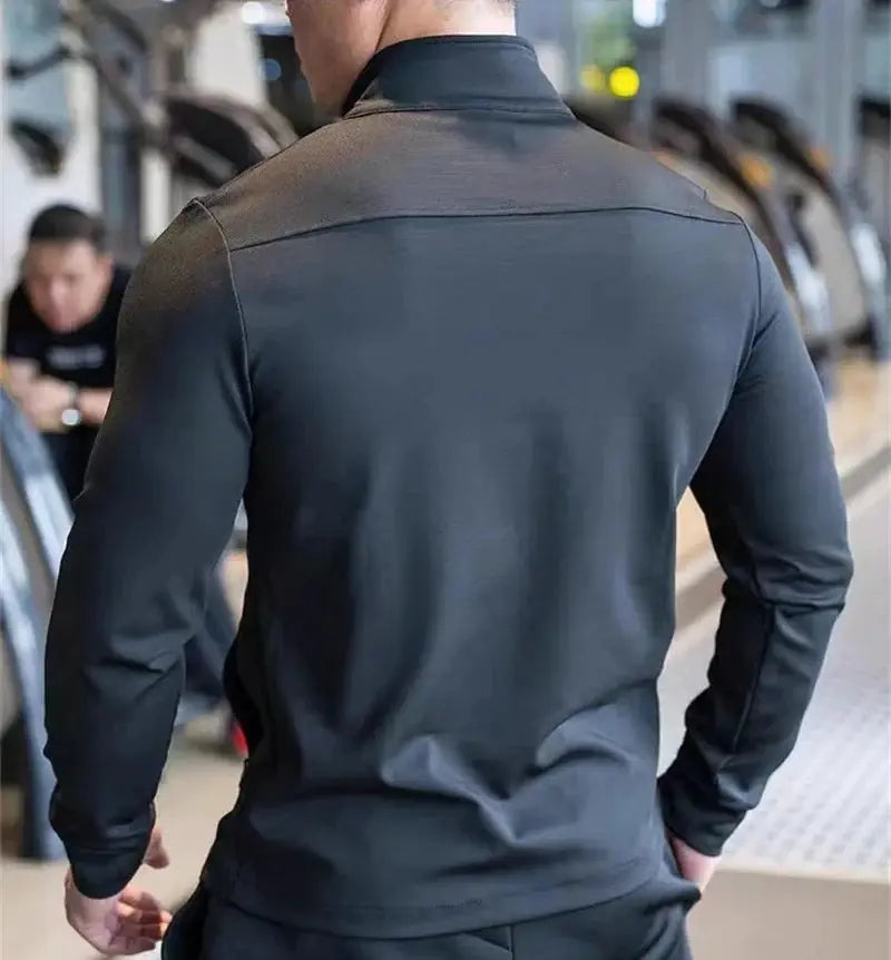 Men's white casual zip-up sweatshirt with stand collar, long sleeves, slim fit, suitable for gym, jogging, and autumn wear.