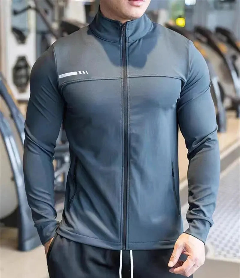 Men's slim fit white zip-up sweatshirt with stand collar, long sleeves, casual design, ideal for gym or autumn wear.