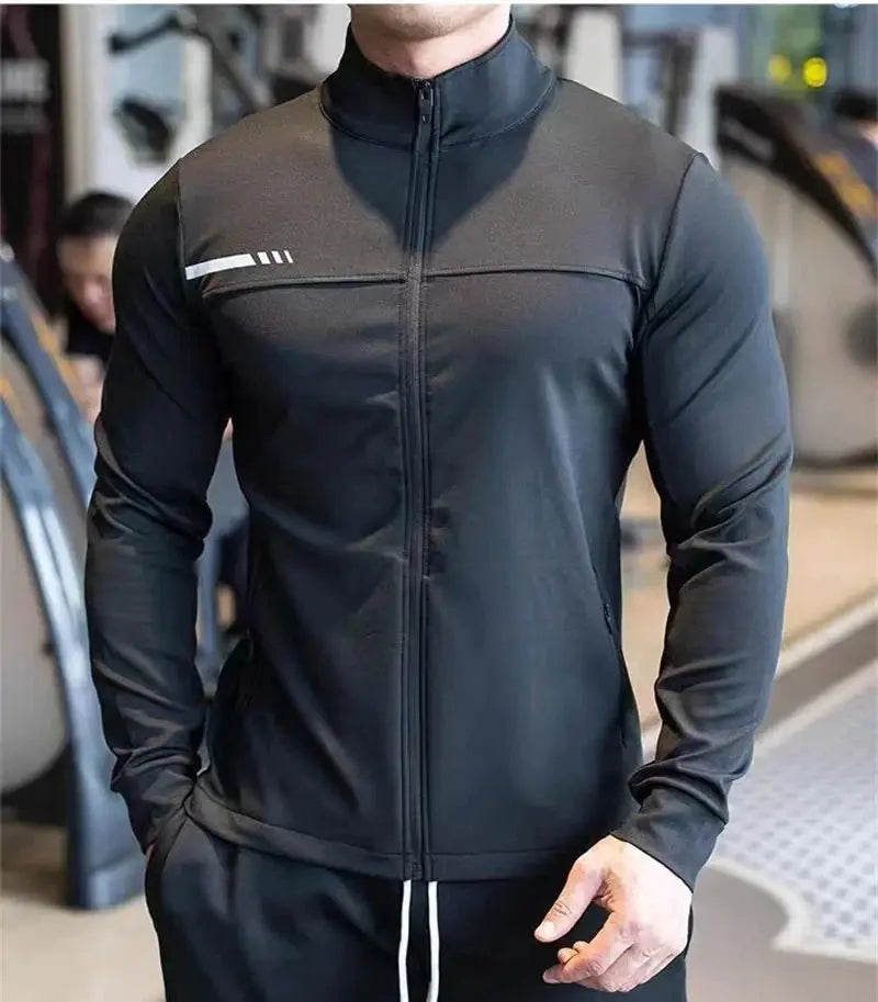 Men's white casual stand collar zipper sweatshirt by SHOPEZRA L.L.C., slim fit long sleeve sport jacket for gym and autumn wear.