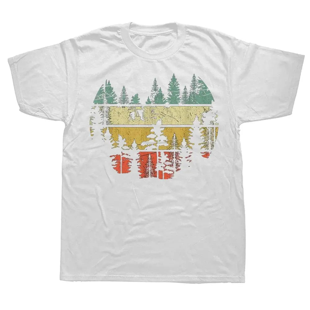 White SHOPEZRA L.L.C. wildlife trees outdoors nature retro forest T-shirt with mountain, birdwatching, hiking, and camping scene.