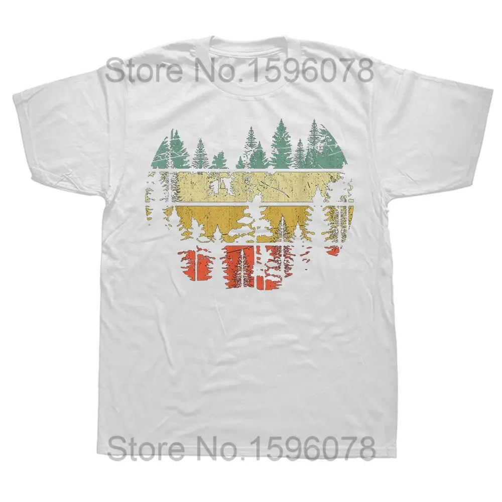 White wildlife trees outdoors nature retro T-shirt featuring mountains, forests, and birdwatching scenes, ideal for hiking and camping.