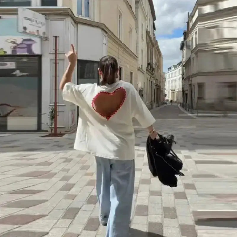 Y2k Style White Oversized T Shirt Women Fashion Backless Heart Cutout Red Trim Half Sleeve Tops Summer Casual Streetwear Outfits by Dropshipman