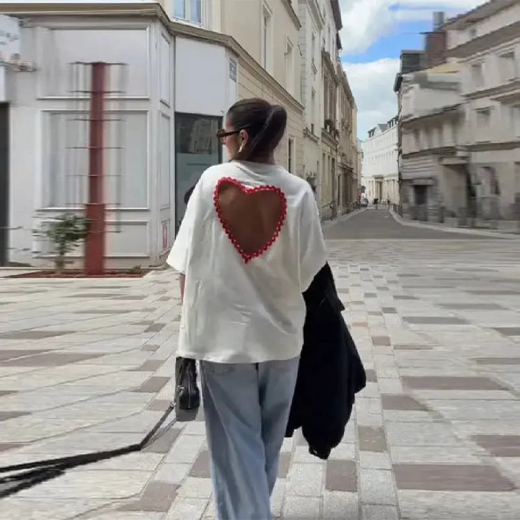 Y2k Style White Oversized T Shirt Women Fashion Backless Heart Cutout Red Trim Half Sleeve Tops Summer Casual Streetwear Outfits SHOPEZRA L.L.C.