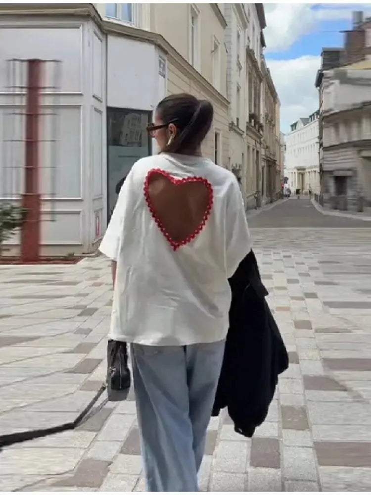 Y2k Style White Oversized T Shirt Women Fashion Backless Heart Cutout Red Trim Half Sleeve Tops Summer Casual Streetwear Outfits SHOPEZRA L.L.C.