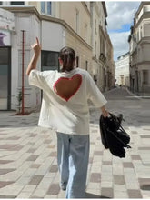 Y2k Style White Oversized T Shirt Women Fashion Backless Heart Cutout Red Trim Half Sleeve Tops Summer Casual Streetwear Outfits SHOPEZRA L.L.C.