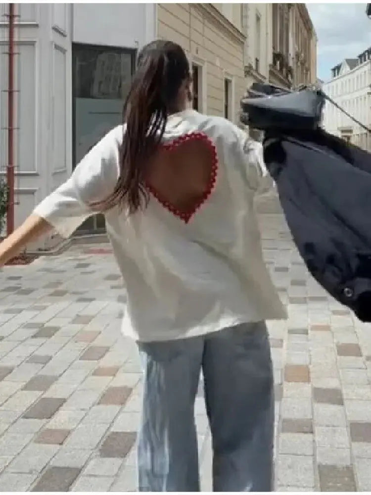 Y2k Style White Oversized T Shirt Women Fashion Backless Heart Cutout Red Trim Half Sleeve Tops Summer Casual Streetwear Outfits SHOPEZRA L.L.C.