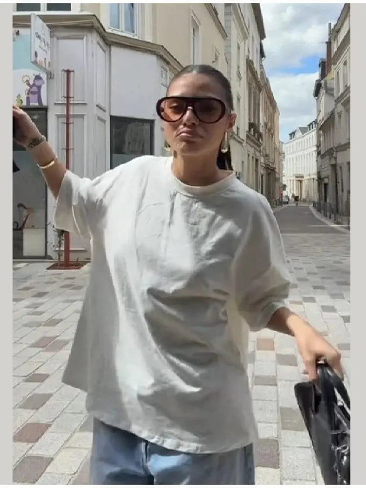 Y2k Style White Oversized T Shirt Women Fashion Backless Heart Cutout Red Trim Half Sleeve Tops Summer Casual Streetwear Outfits SHOPEZRA L.L.C.