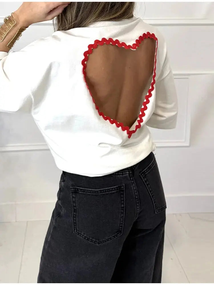 Y2k Style White Oversized T Shirt Women Fashion Backless Heart Cutout Red Trim Half Sleeve Tops Summer Casual Streetwear Outfits SHOPEZRA L.L.C.
