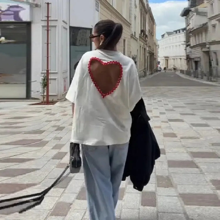 Y2k Style White Oversized T Shirt Women Fashion Backless Heart Cutout Red Trim Half Sleeve Tops Summer Casual Streetwear Outfits SHOPEZRA L.L.C.