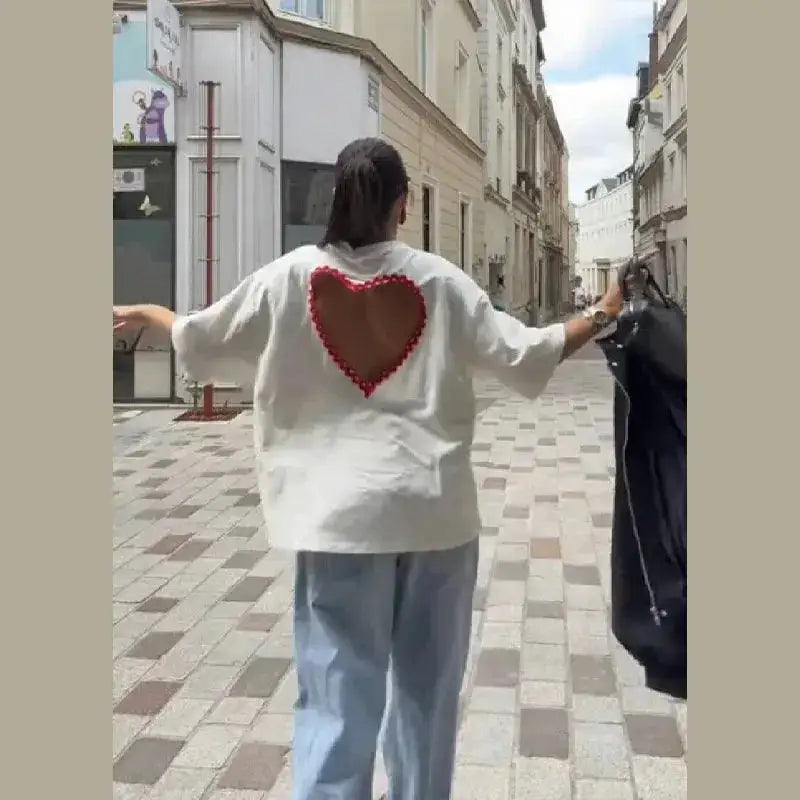 Y2k Style White Oversized T Shirt Women Fashion Backless Heart Cutout Red Trim Half Sleeve Tops Summer Casual Streetwear Outfits by Dropshipman