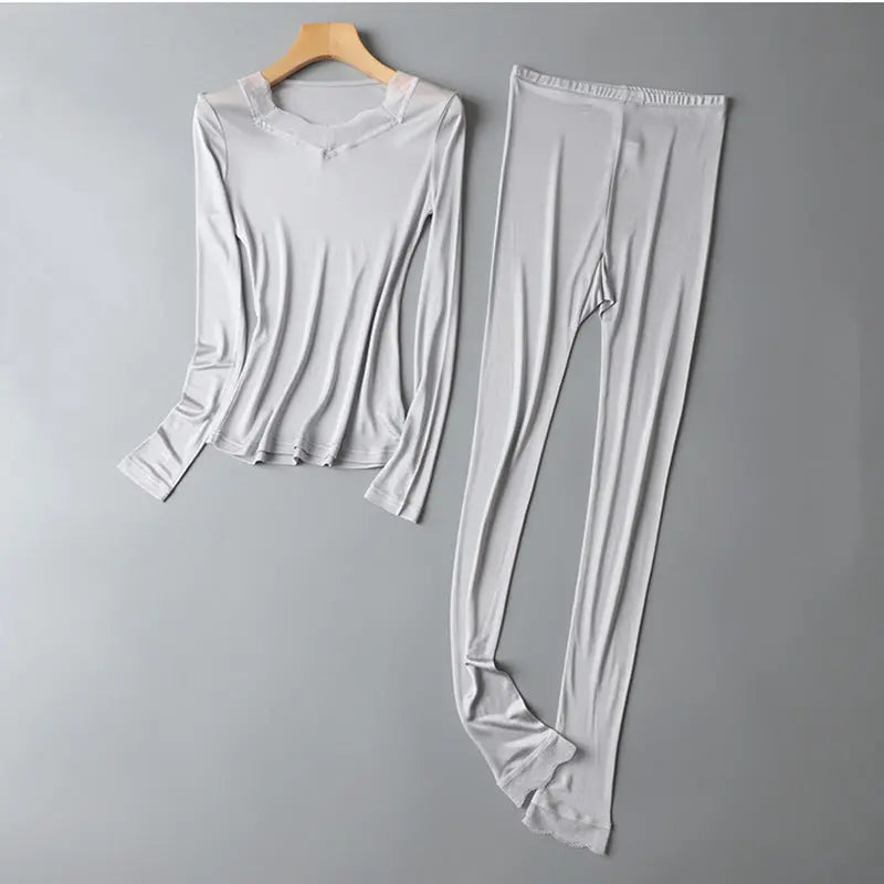 White silk women's underwear set with lace, includes top and pants, breathable and warm for autumn, by SHOPEZRA L.L.C.