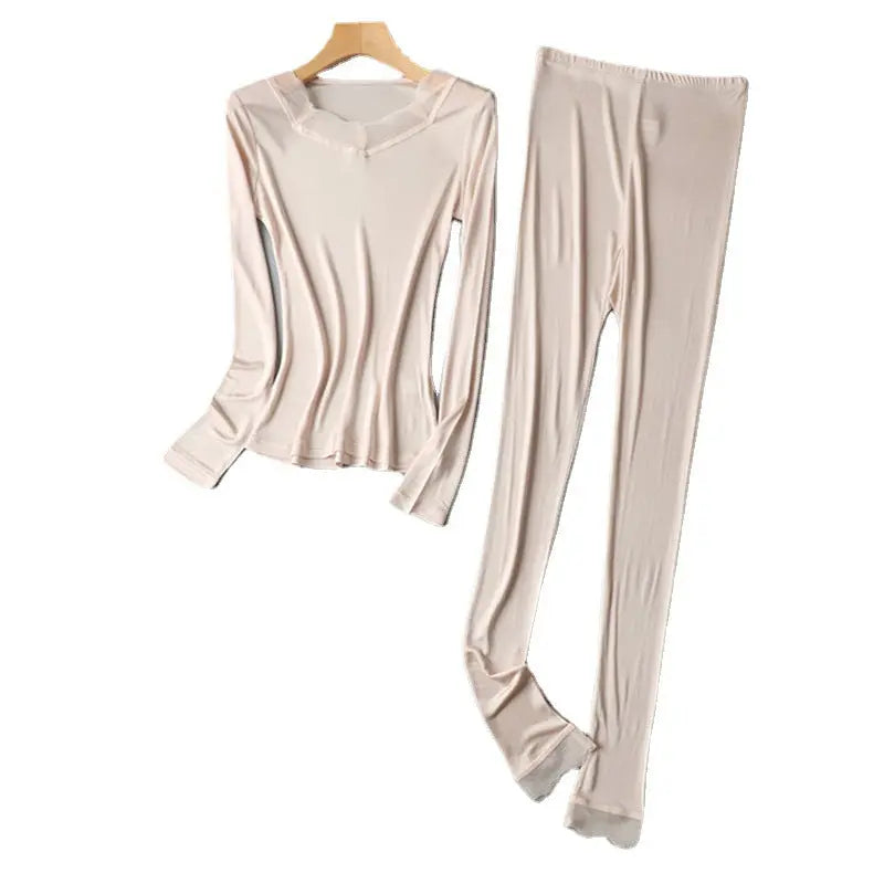 White silk women's underwear set with lace, includes top and pants, breathable and comfortable for autumn wear by SHOPEZRA L.L.C.