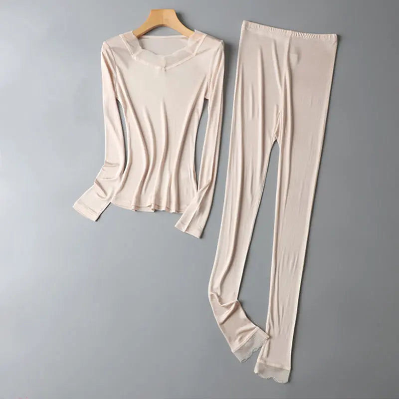 White silk women's underwear set with lace, autumn clothes and pants, breathable and warm, comfortable for spring and fall.