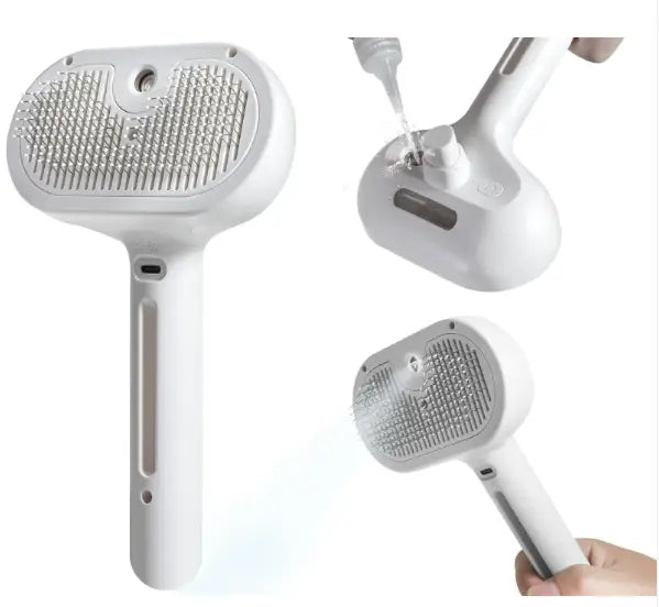 pet hair spray brush for grooming with spray feature, designed for easy shedding hair removal, colored white.