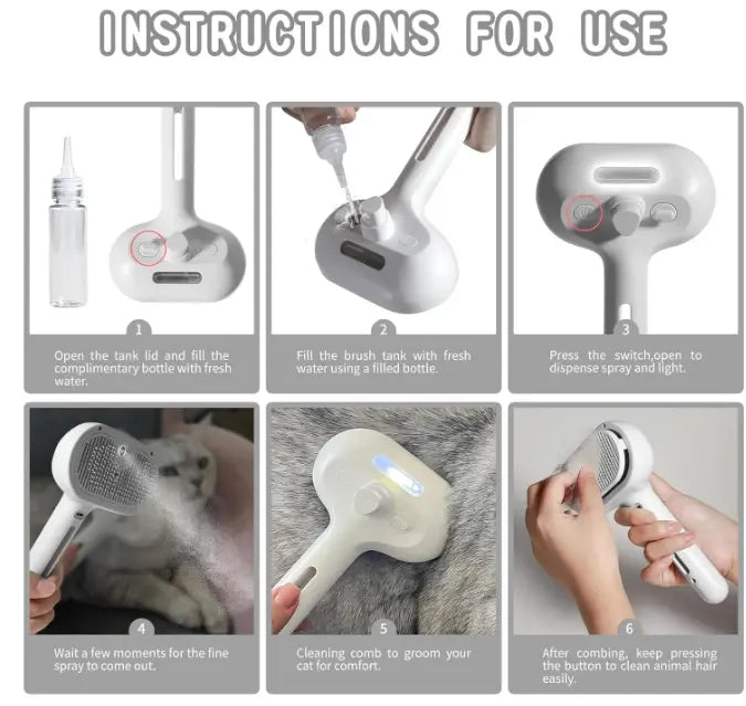 Instructions for using the pet hair spray brush for grooming, demonstrating filling, spraying, and grooming steps.
