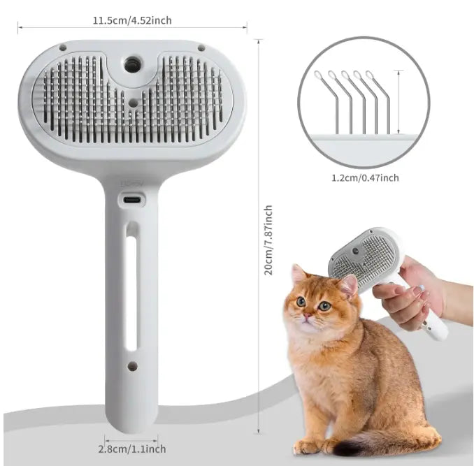 Pet hair spray brush for grooming shown with dimensions and a cat, highlighting its design for easy hair removal.