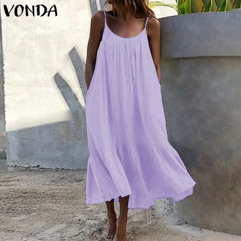 White 2024 summer sleeveless ruffled solid color long dress with thin shoulder straps from SHOPEZRA L.L.C.