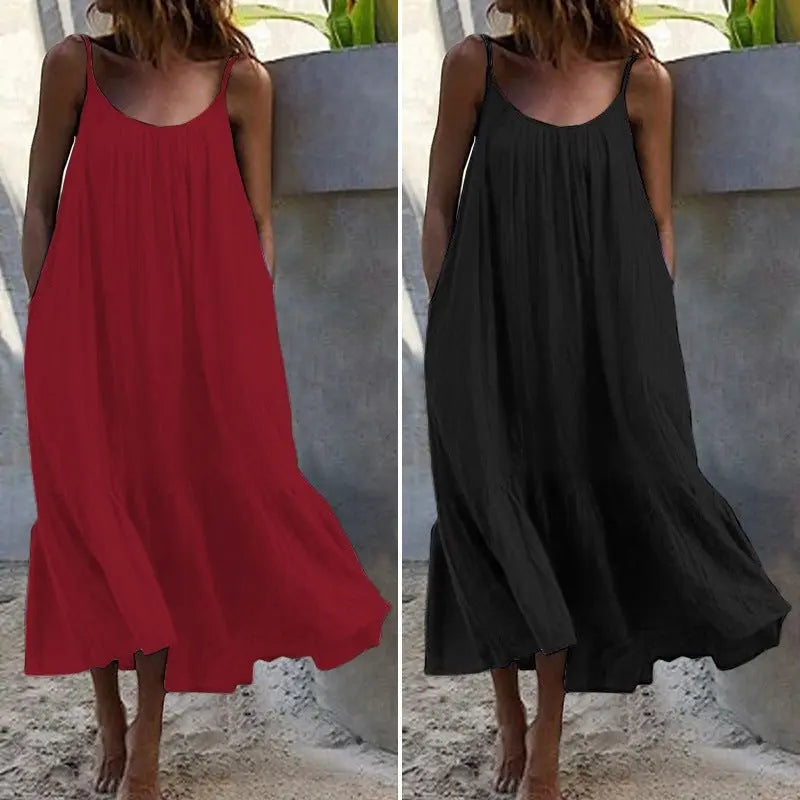 White 2024 summer sleeveless ruffled solid color long dress with thin shoulder straps, loose fit, European and American style.