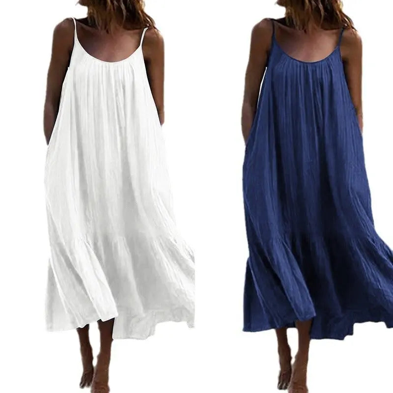 White sleeveless ruffled long summer dress with thin shoulder straps, loose fit, from SHOPEZRA L.L.C., perfect for European and American summer wear.