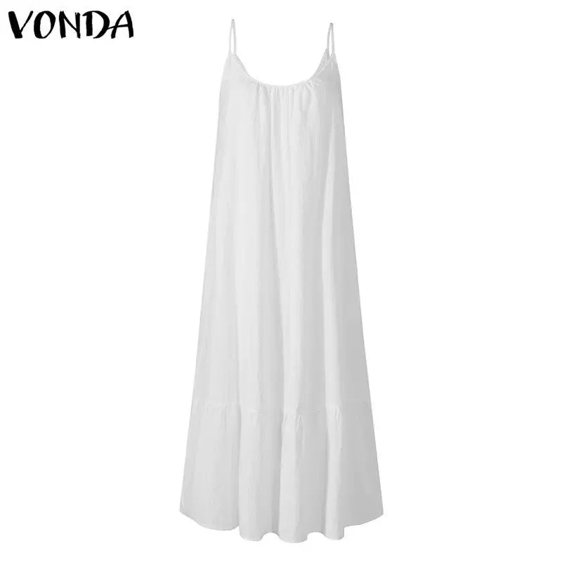 White sleeveless ruffled long summer dress by SHOPEZRA L.L.C., featuring a loose fit, thin shoulder straps, and solid color design.