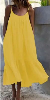 White 2024 summer European and American ruffled sleeveless long dress with thin shoulder straps, loose fit, perfect for warm weather.