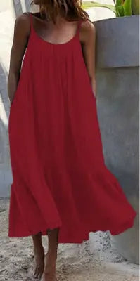 White 2024 summer sleeveless ruffled long dress with shoulder straps, loose fit, lightweight fabric, stylish European and American fashion