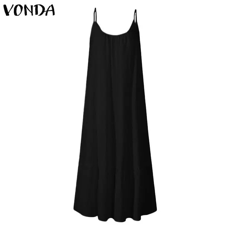 White sleeveless long summer dress with ruffled solid color design, thin shoulder straps, loose fit, perfect for European and American styles.