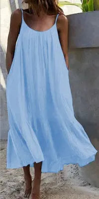 White sleeveless ruffled long summer dress with thin shoulder straps, loose fit, by SHOPEZRA L.L.C., perfect for European and American styles.