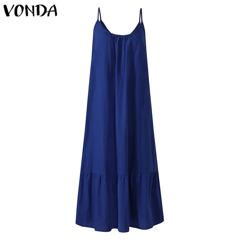 White sleeveless ruffled summer dress with thin shoulder straps, loose fit, and solid color design by SHOPEZRA L.L.C.