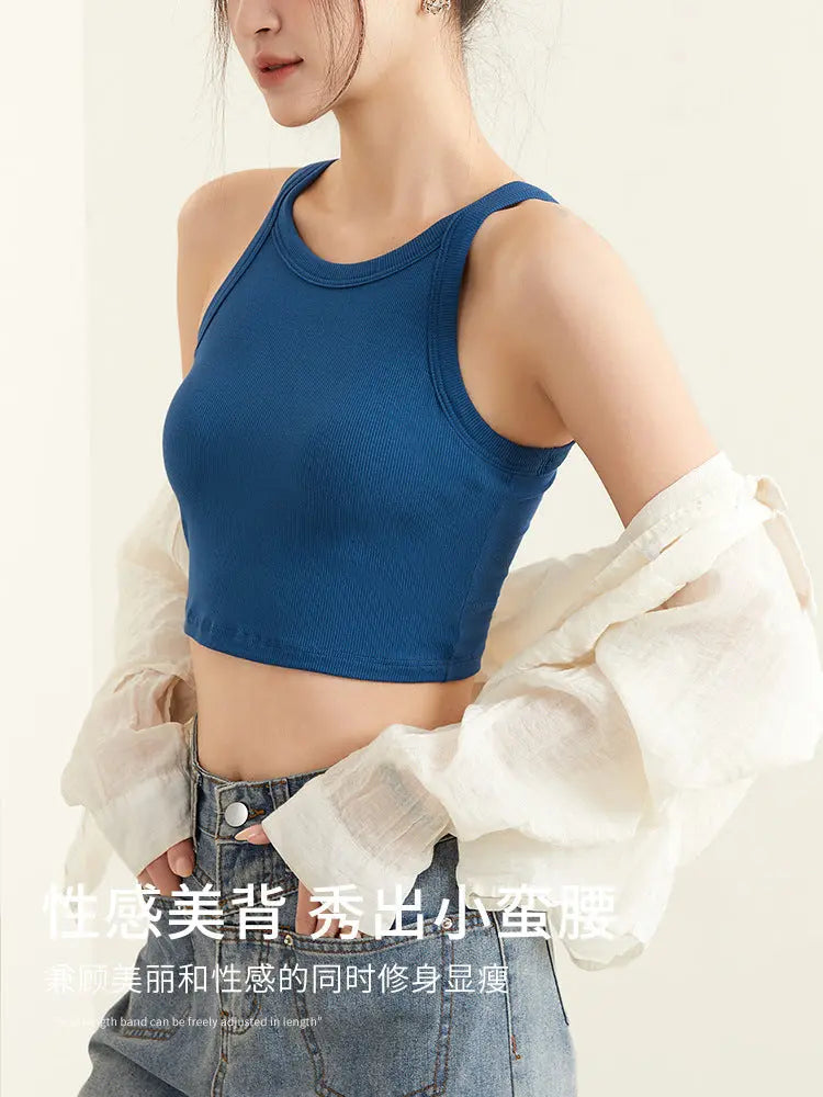 White SHOPEZRA L.L.C. women's I-shaped sports yoga sling vest with chest pad, backless design, ideal for summer wear.