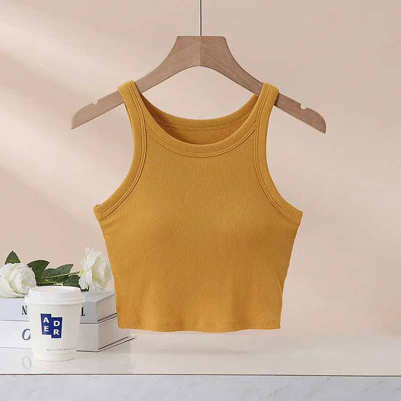 White women's I-shaped sports yoga vest with chest pad, back design, wear-free underwear, suitable for summer activities.