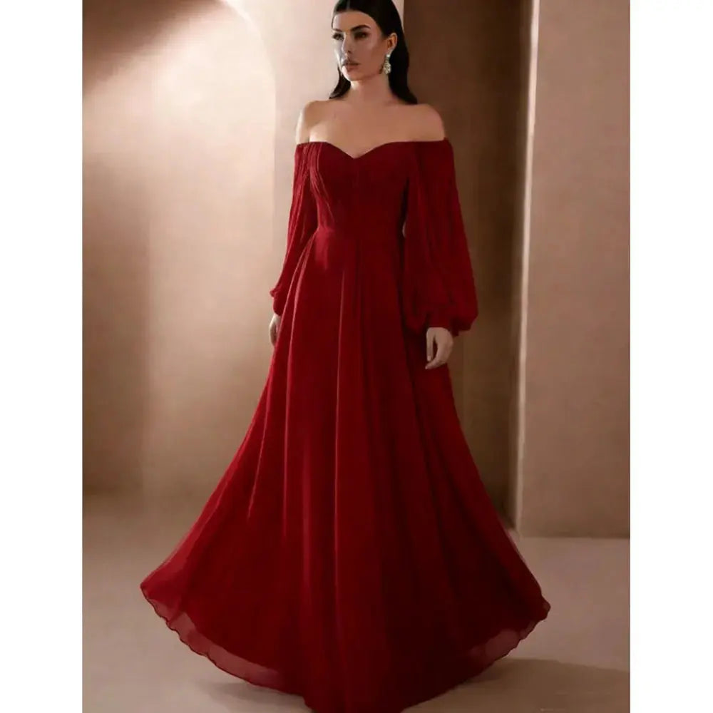 Elegant white women's evening dress by SHOPEZRA with slim fit, long sleeves, one-line neckline, and simple style.