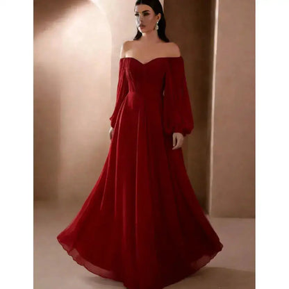 Dresses For Woman Elegant vestidos Solid Color Slim Robe Evening Dress Sexy One Line Neck Simple Style Long Sleeves Simple Style by Dropshipman