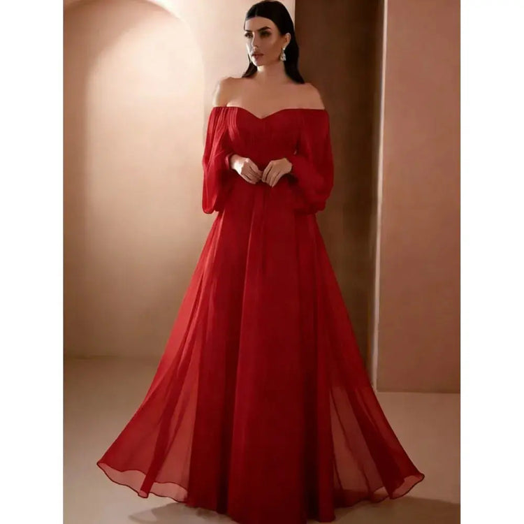 Dresses For Woman Elegant vestidos Solid Color Slim Robe Evening Dress Sexy One Line Neck Simple Style Long Sleeves Simple Style SHOPEZRA L.L.C.