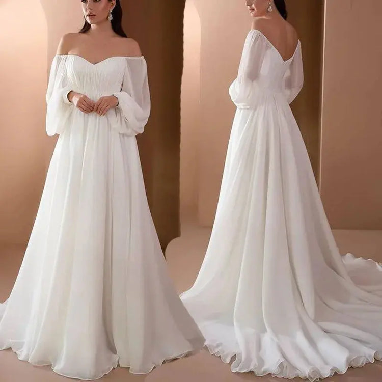 Dresses For Woman Elegant vestidos Solid Color Slim Robe Evening Dress Sexy One Line Neck Simple Style Long Sleeves Simple Style SHOPEZRA L.L.C.