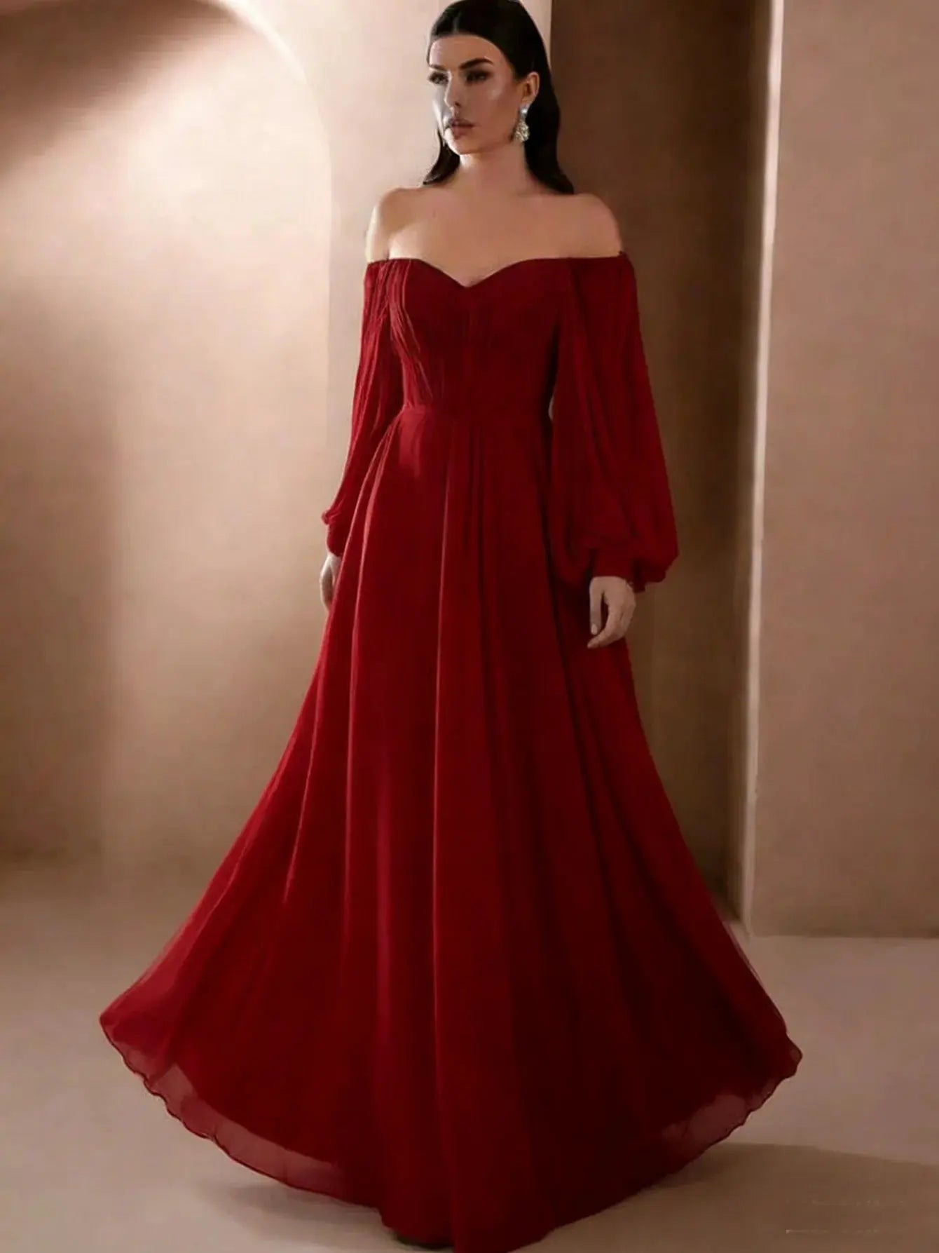 Elegant white women's evening dress by SHOPEZRA L.L.C. featuring a slim fit, one-line neck, long sleeves, and simple style.