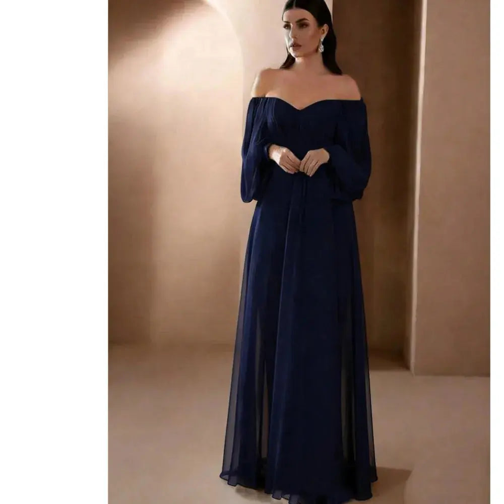 Elegant white women's evening dress by ShopeZra L.L.C. with one-line neck, long sleeves, slim fit, and simple style.