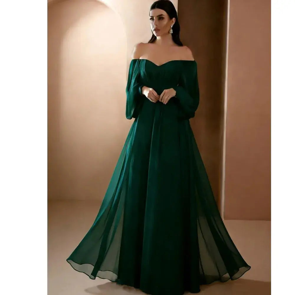 Elegant white women's evening dress by Shopezra L.L.C. with one-line neckline, long sleeves, slim fit, and simple style.