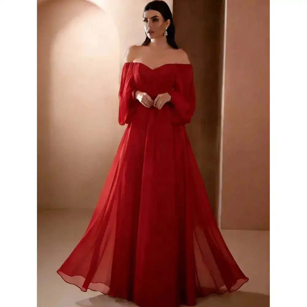 Dresses For Woman Elegant vestidos Solid Color Slim Robe Evening Dress Sexy One Line Neck Simple Style Long Sleeves Simple Style by Dropshipman