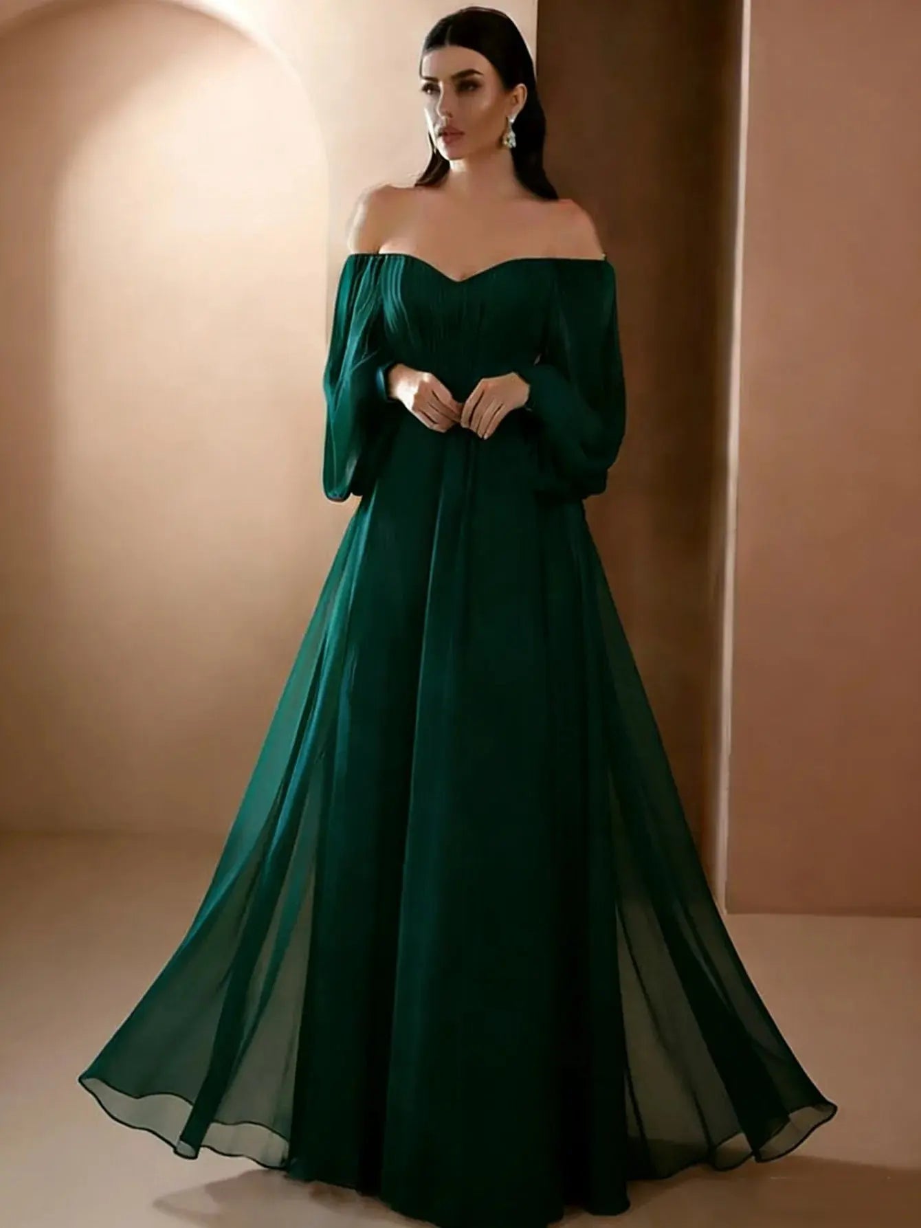 Elegant white women's evening dress by SHOPEZRA L.L.C., slim fit, long sleeves, one-line neck, simple and stylish for formal occasions.