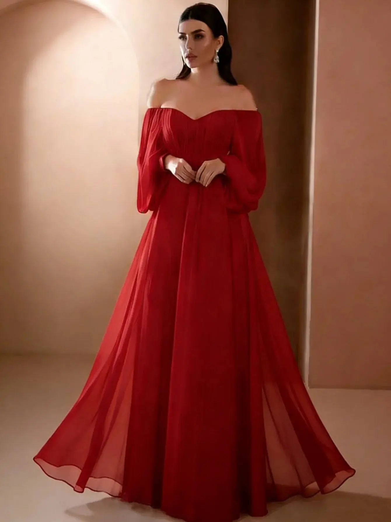 Elegant white women's evening dress by Shopezra L.L.C. with a slim fit, one-line neck, long sleeves, and simple, sophisticated style.
